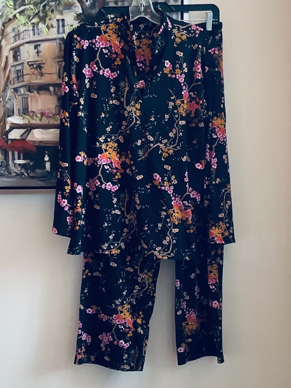 Natori Jersey Knit Mandarin Collar Pyjama Set • Black/Multi Floral * Size M